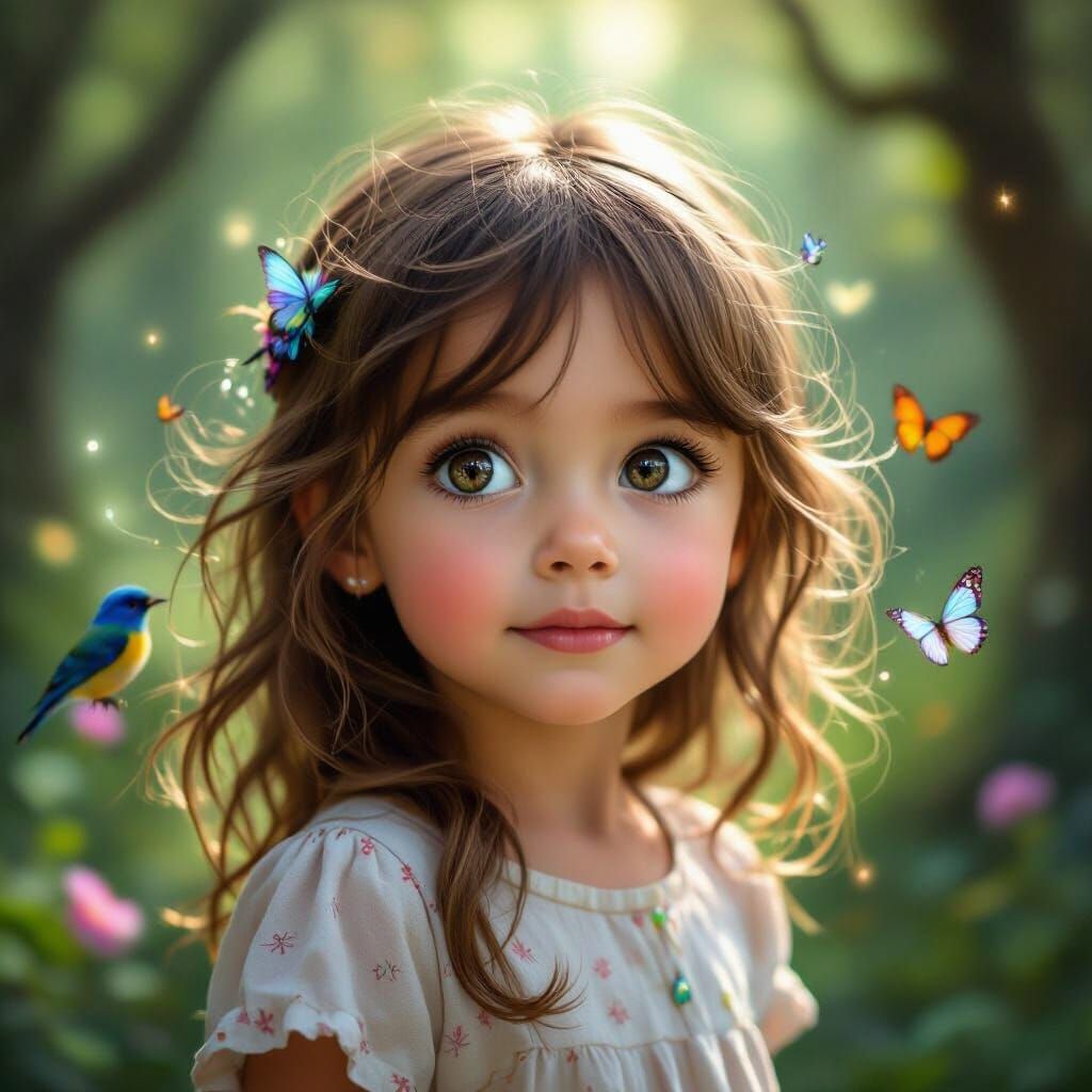 Girl Explores Enchanted Forest with Magical Creatures