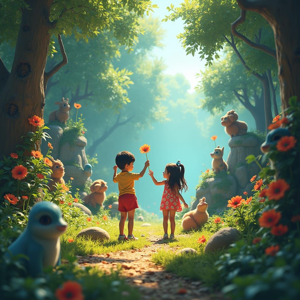 Children Playing in a Whimsical Dreamlike Environment