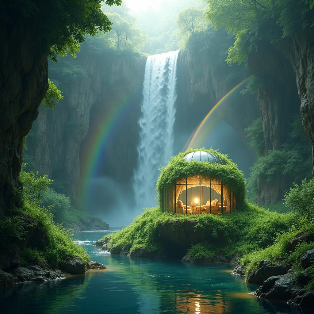 Glass House Under Waterfall with Rainbow, Dreamlike Matte Pa...