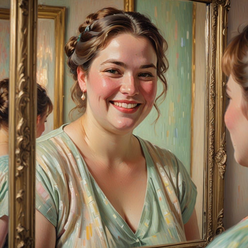 Plus Sized Woman Smiles in Whimsical Impressionist Portrait
