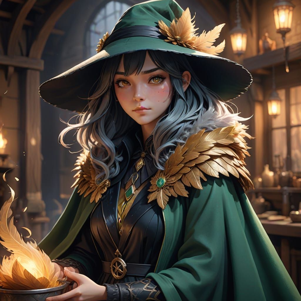 Witch Stirs Cauldron in Vibrant Anime Workshop