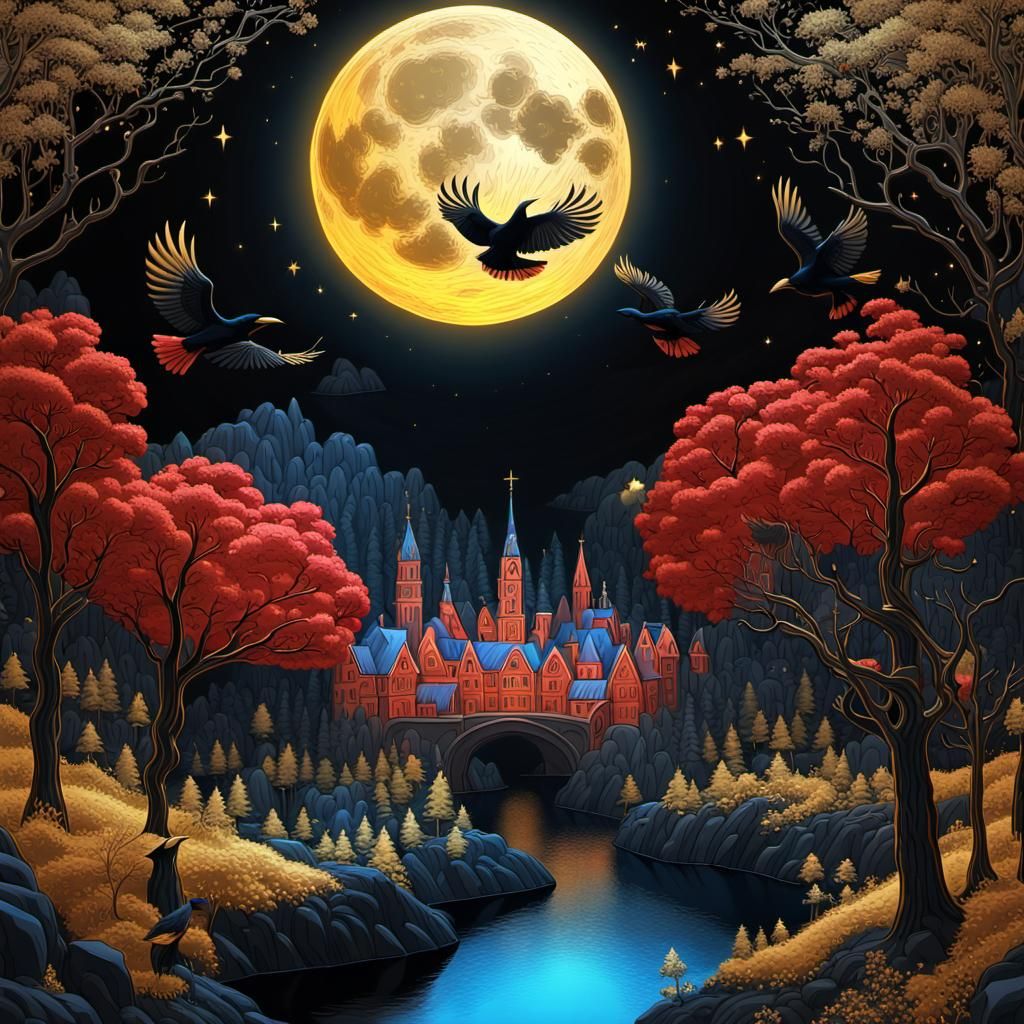 Crystal Moon Over Night Forest: Palekh Style