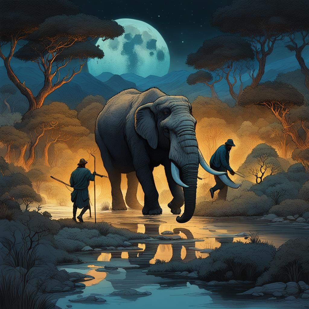 Paleolithic Mammoth Hunt in Tanzania at Night