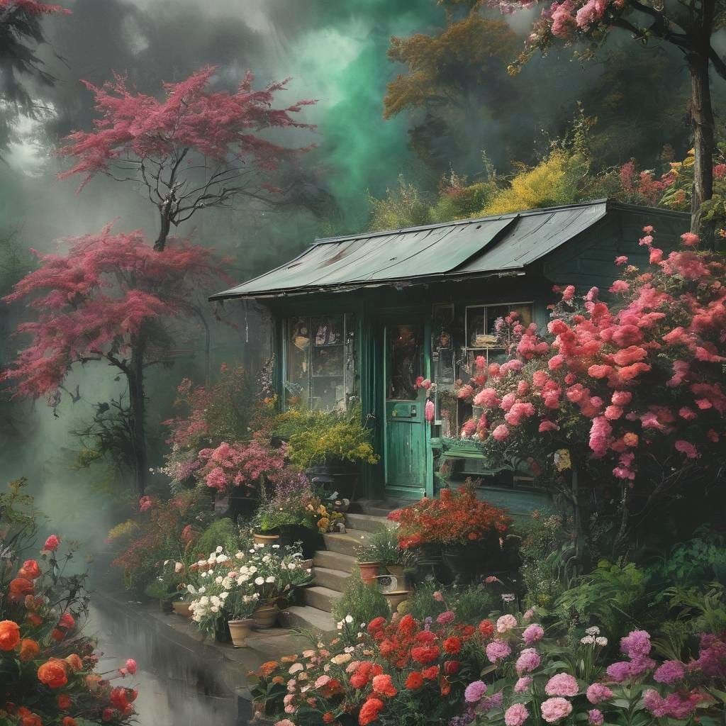 Surreal European Corner Shoppe Amidst Thunderous Landscape