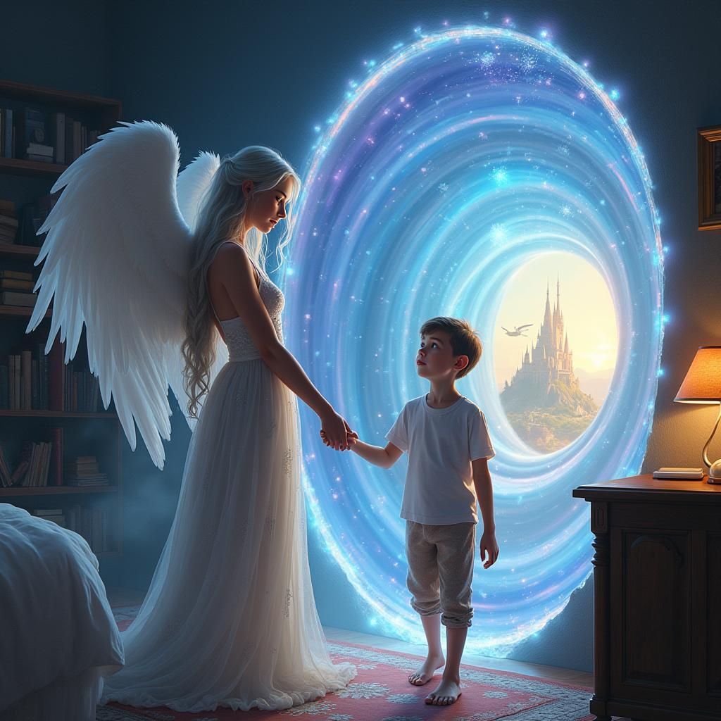 Fantasy Angel Leads Boy Through Mystical Portal