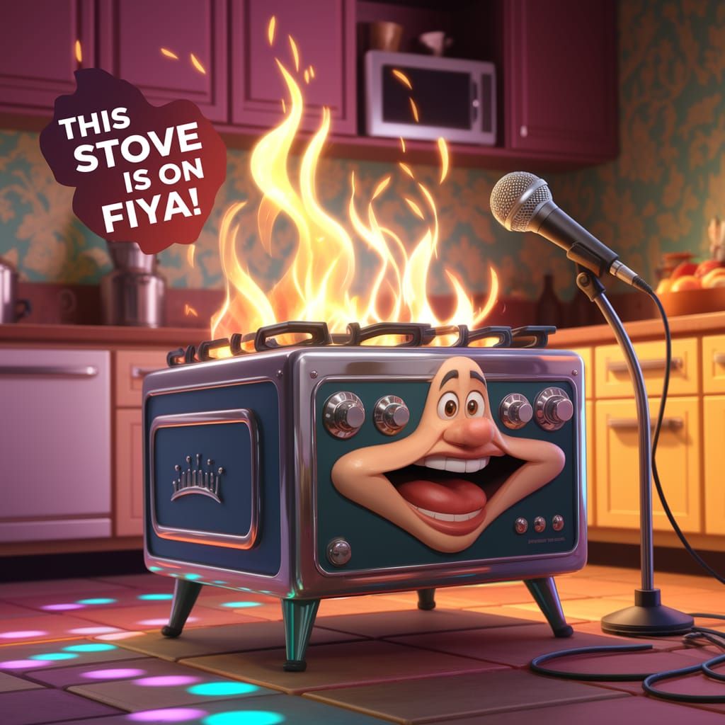 Vibrant Pixar-Style Cook Stove Sings Under Disco Lights