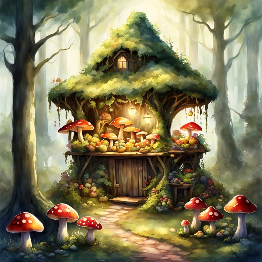 Enchanted Mushroom Farmstand Run by Forest Sprites