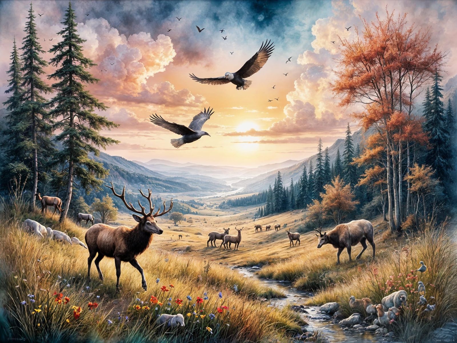 Epic Landscape with Animals and Birds