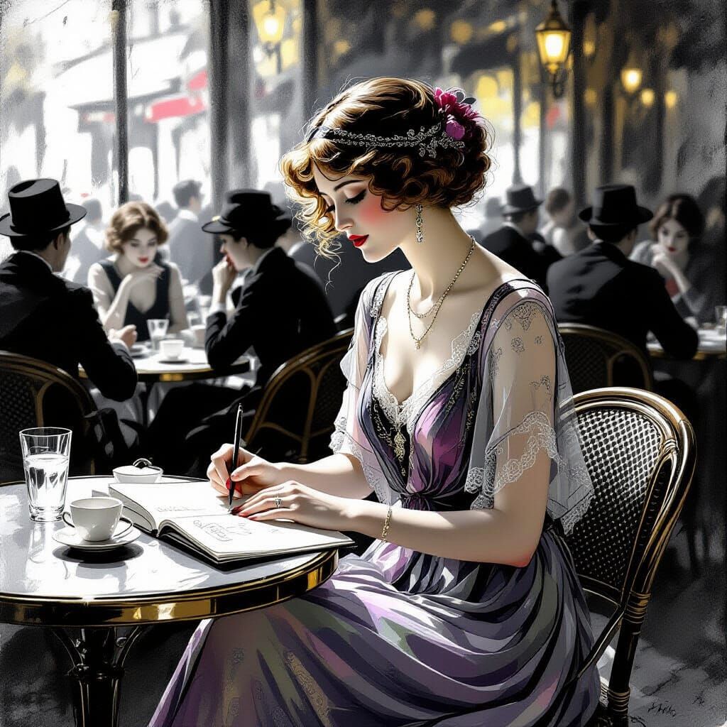 Woman Sketching in 1920s Cafe, Engraving Style