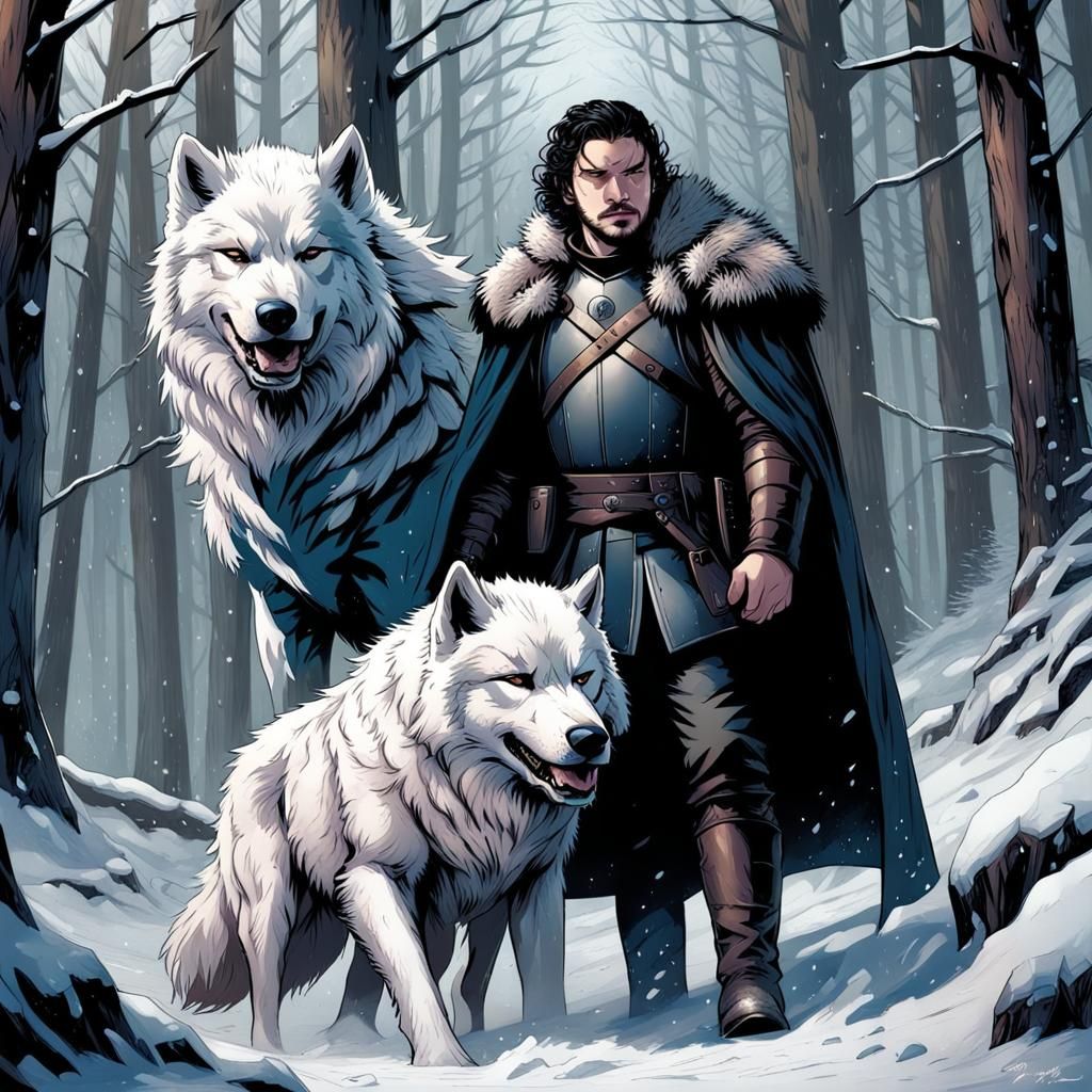 Jon Snow and Direwolf in Comic Book Style