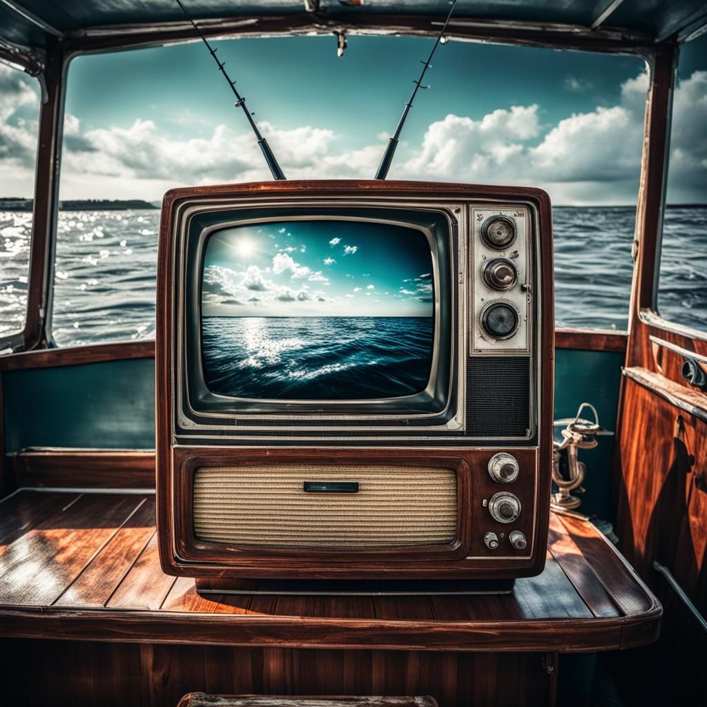 Retro TV on Fishing Boat: Hyperrealistic Detail