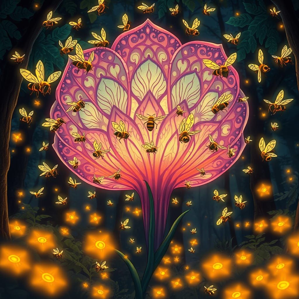 Whimsical Bioluminescent Bloom in Art Nouveau Style