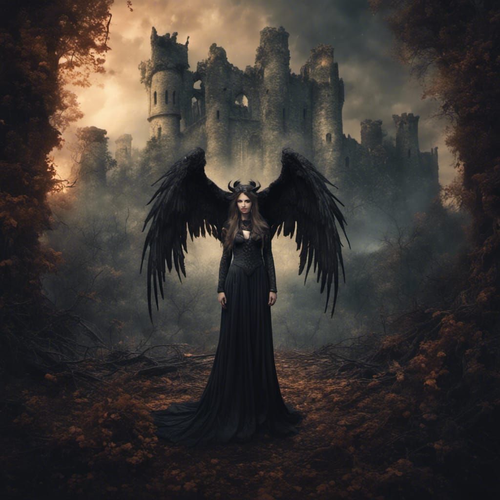 Half-Demon Angel in Dark Forest: Matte Painting