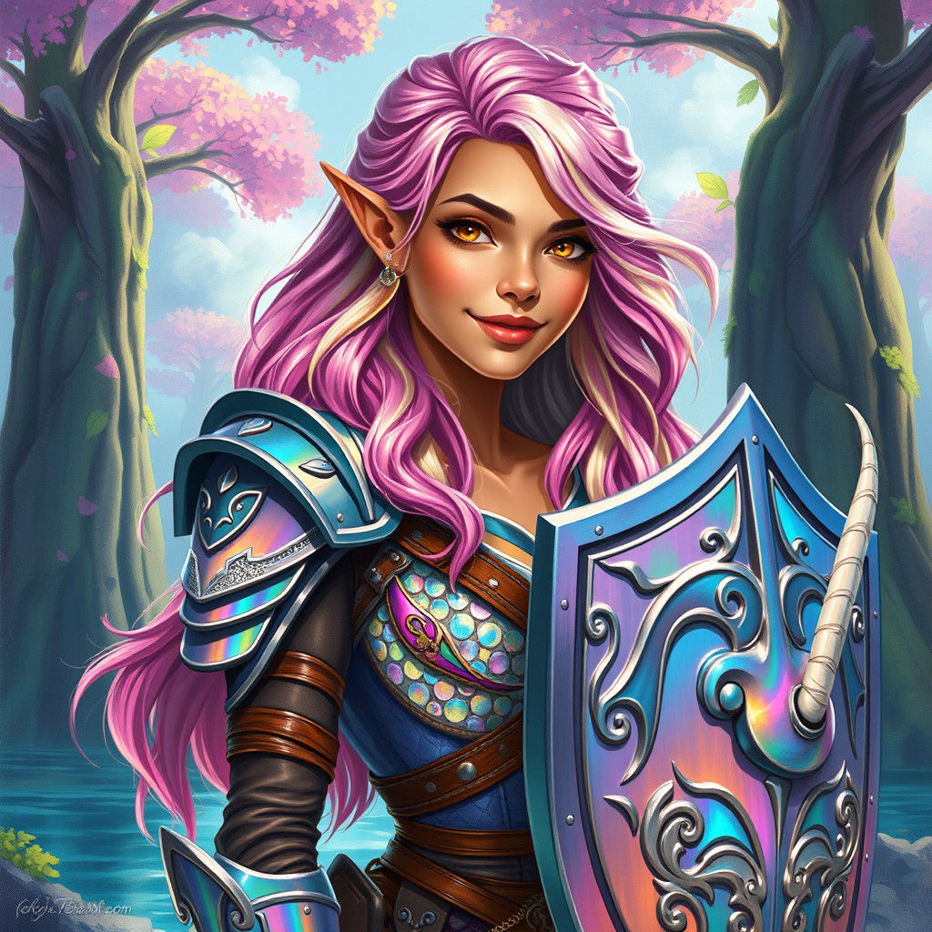 Iridescent Elf Warrior in Aquatic Forest, Art Nouveau