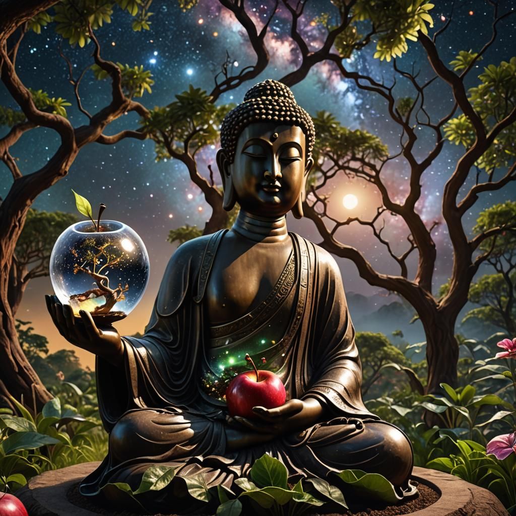 budda holding (clear glass apple), with (milky way galaxy) inside, garden of eden, vishnu, tree of knowledge
