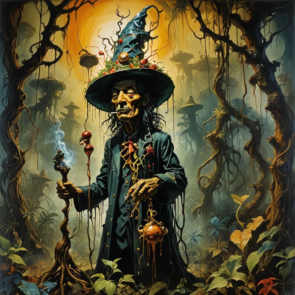 Surreal Witchdoctor in Dreamlike Jungle Oil Painting