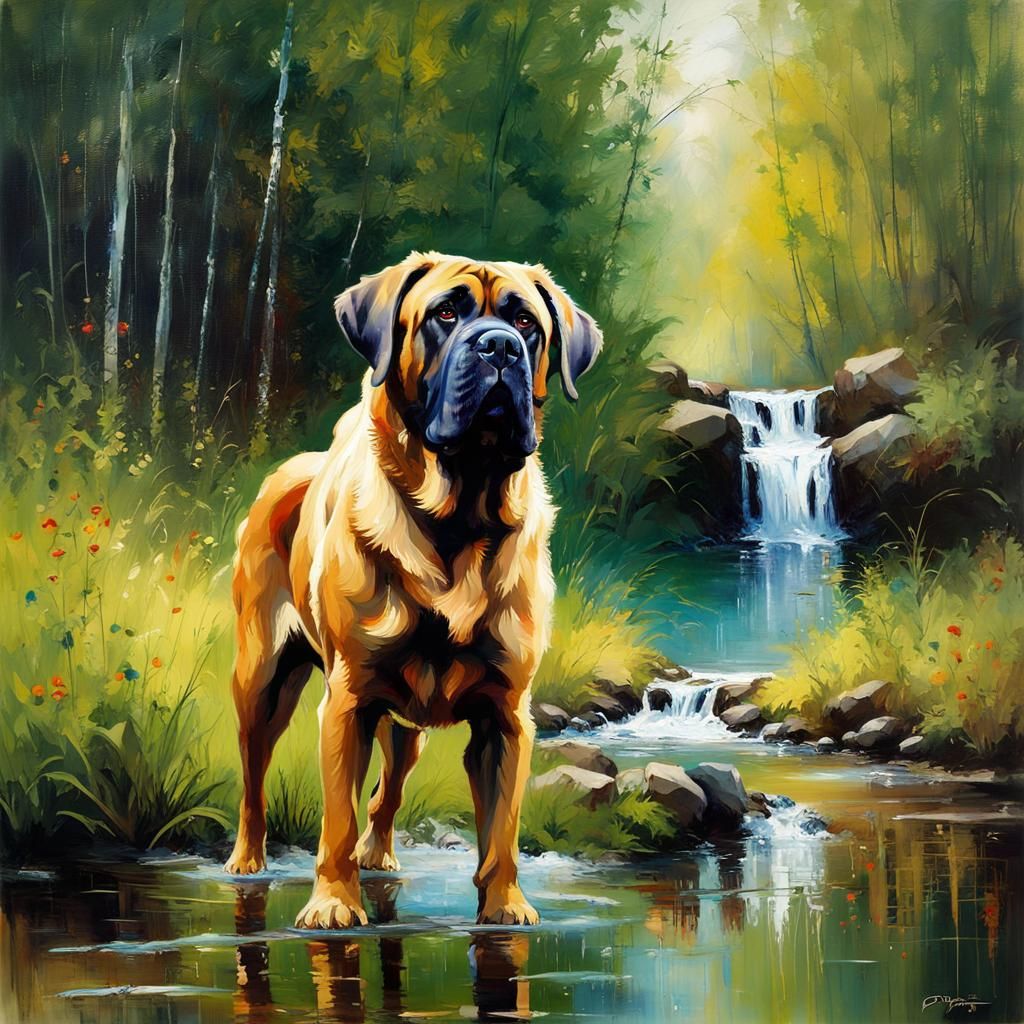 English Mastiff Dog by Creek, Oil Painting
