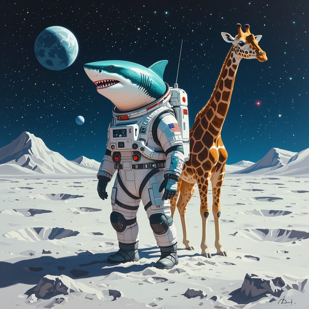 Hybrid Shark Capybara Giraffe on the Moon