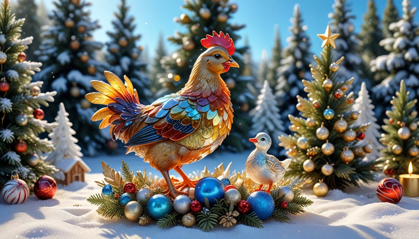 Glass Sculpture of Chicken, Quail, and Duckling in Winter Fo...