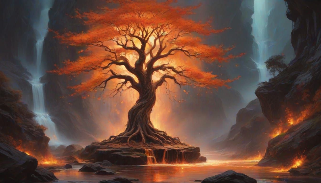 Fantasy Tree Ignites in Dark Oil Painting Splendor