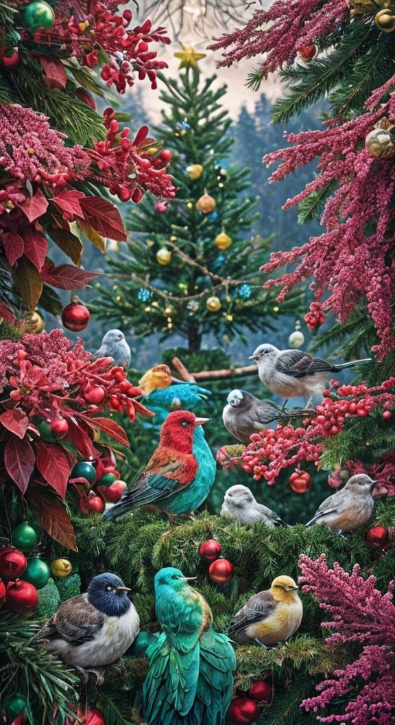 Animals Decorating Christmas Tree with Natural Ornaments