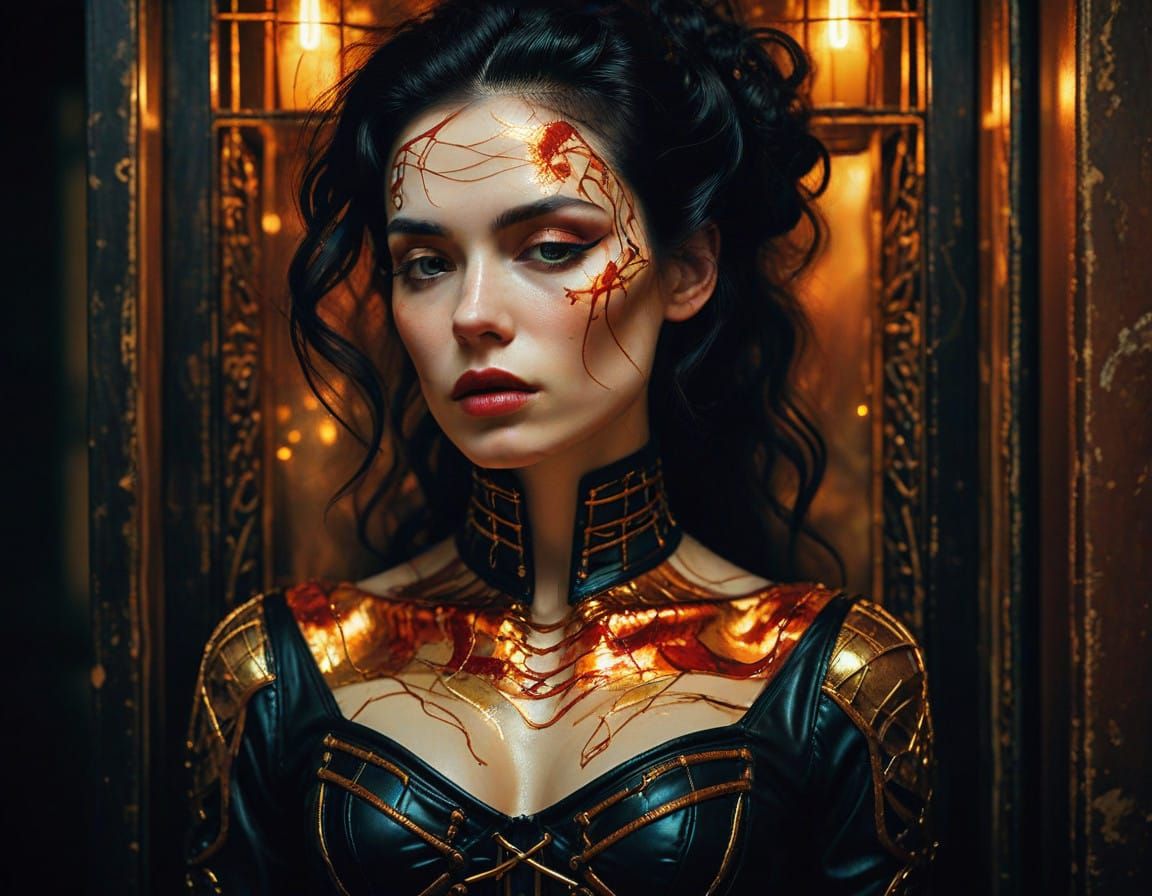 Enigmatic Woman in Golden Cage, Leather Corset, Red Lightnin...