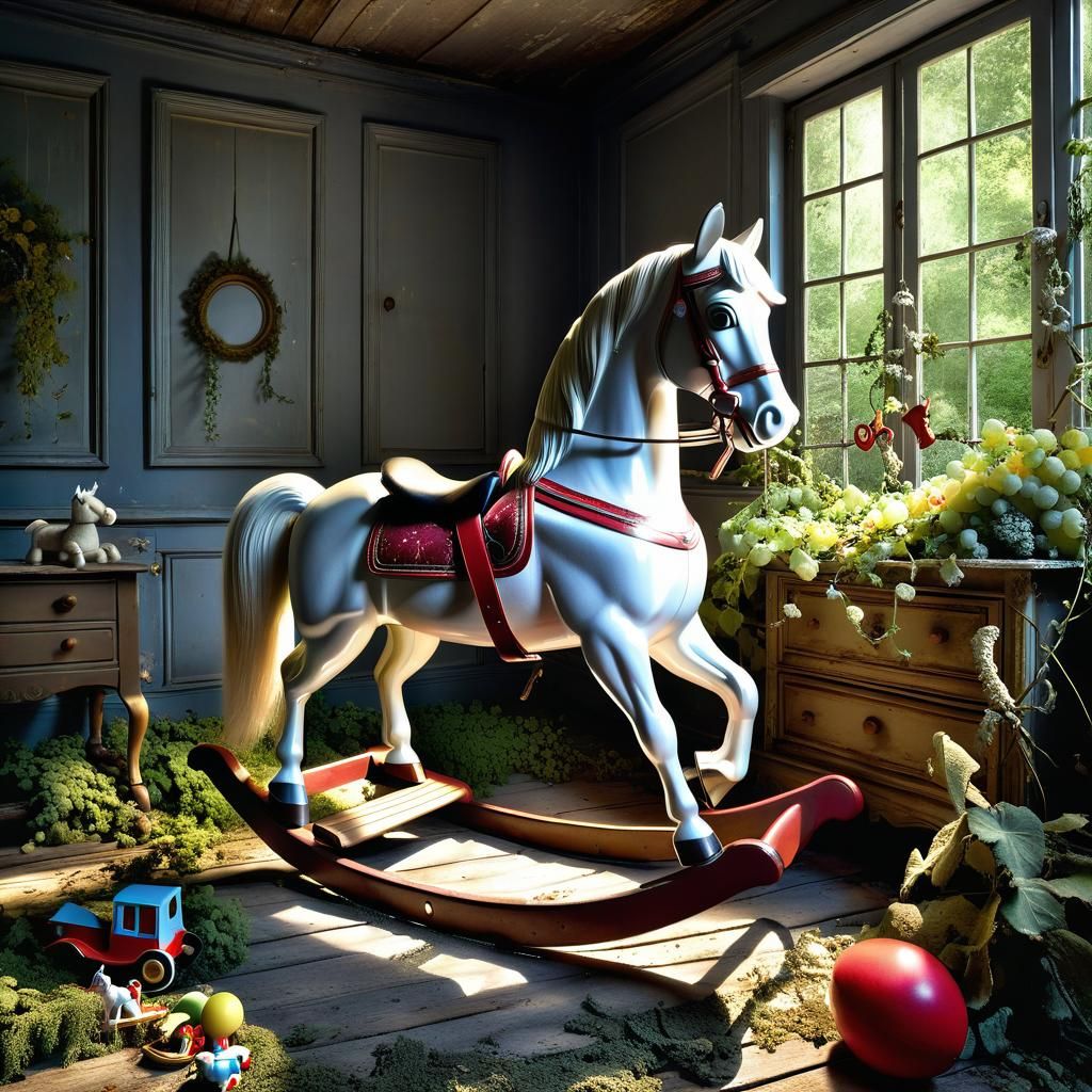 Forgotten Rocking Horse in Overgrown Room: Matte Painting