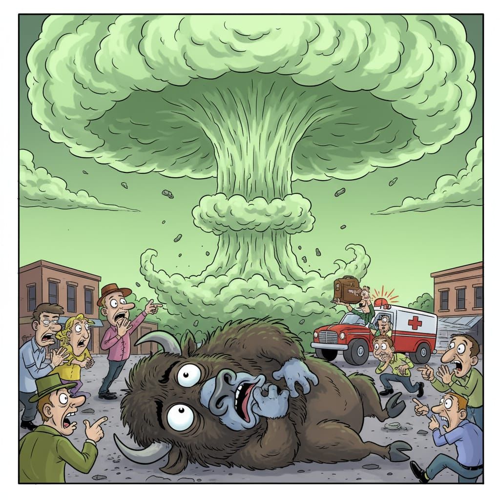 Hilarious Caricature of a Choking Bison in Town Square