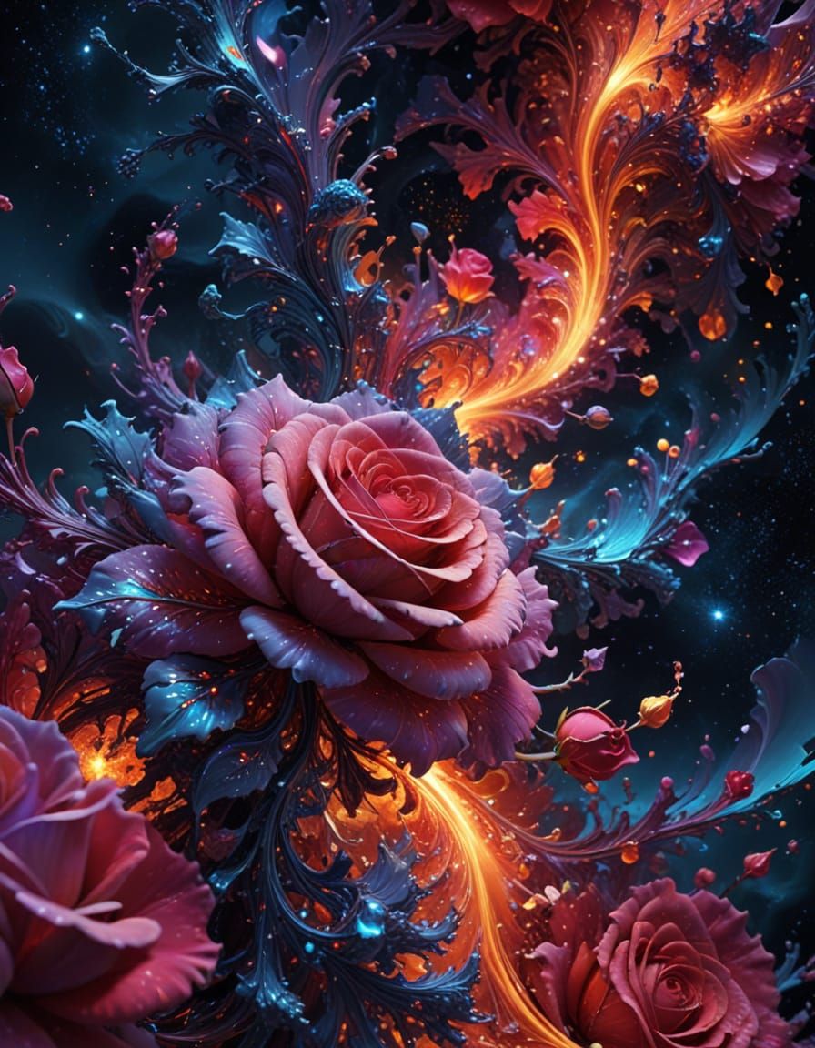 Celestial Roses in Vibrant Cosmic Dance