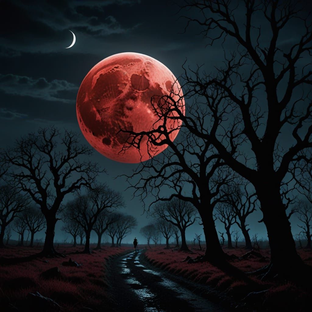 Eerie Crimson Moon in Dark Fantasy Landscape