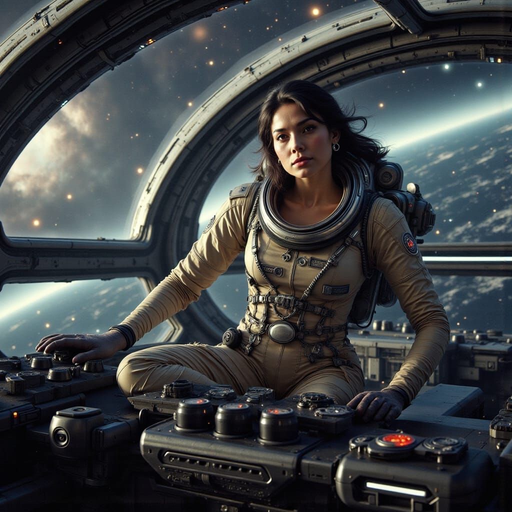 Female Spaceship Captain in Tight Spacesuit
