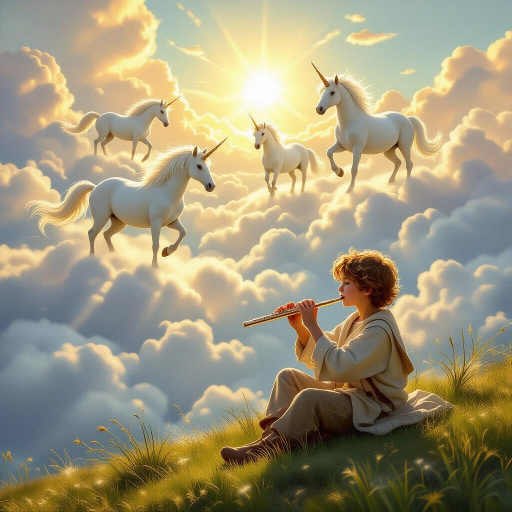 Fantasy Shepherd Boy and Unicorns in Golden Sunlight
