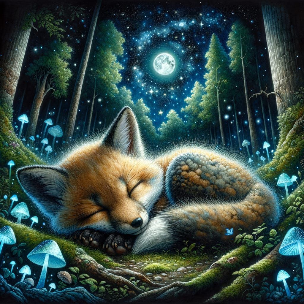 Adorable Fox Cub Sleeps in Starry Forest Clearing