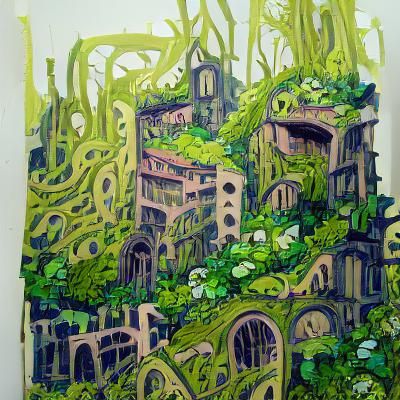 Overgrown City: Gouache Painting of Nature's Return