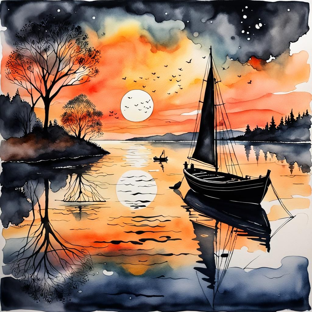 Surreal Sunset with Sailboat: Expressionist Fauvism