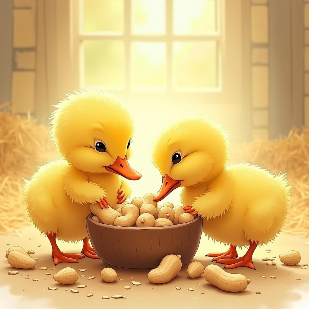 Ducklings Shucking Peanuts: Whimsical Farm Illustration