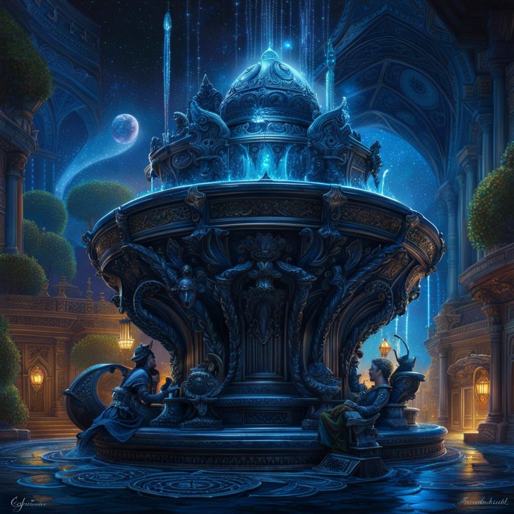 Whimsical Galaxy Water Fountain Inspired Digital Art