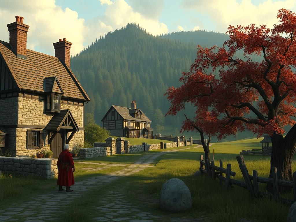 Approaching the Sleeping Giant Taphouse in a Fantasy Medieva...