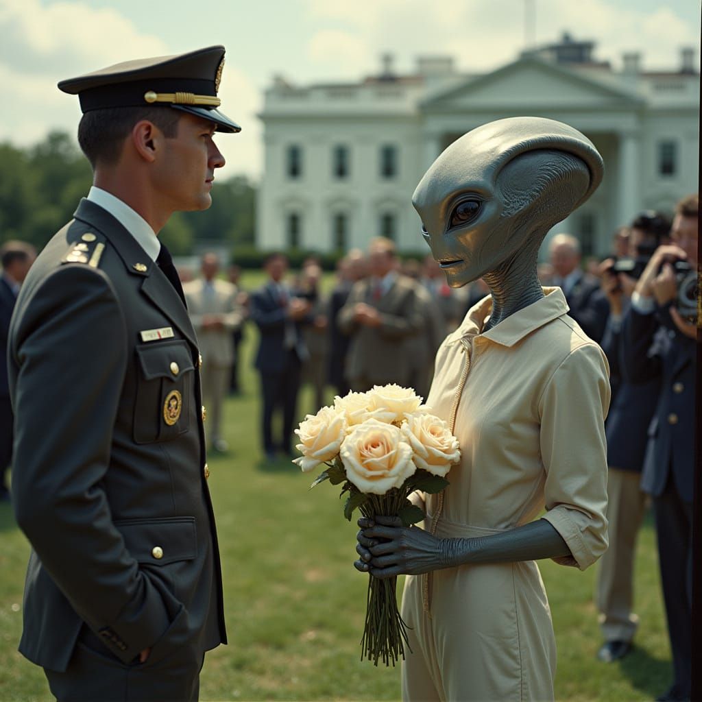 1960s Photo: Officer Meets Alien in Rose Garden