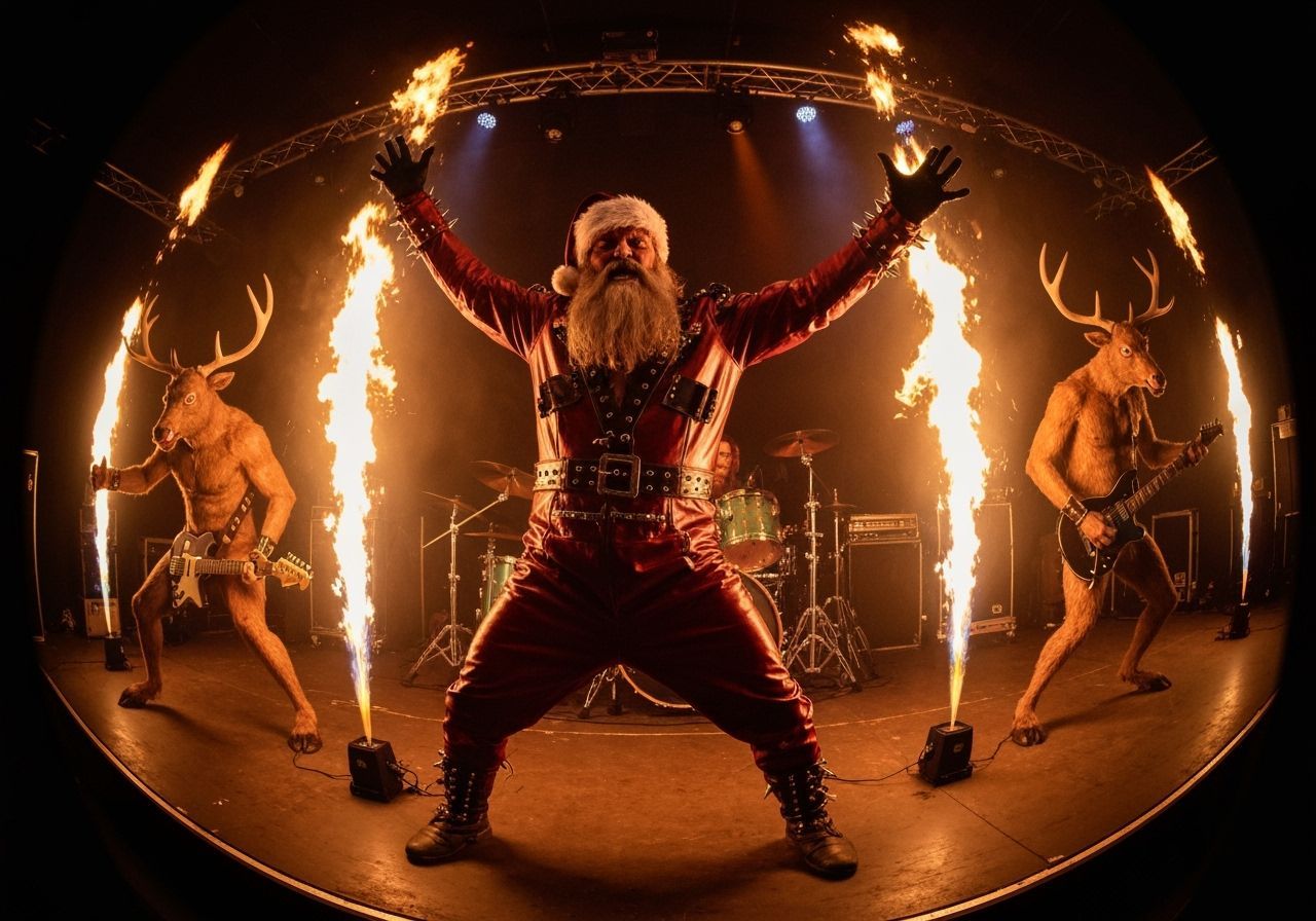 Hard Rock Santa Leads ZZ Top Style Band in Fiery Show