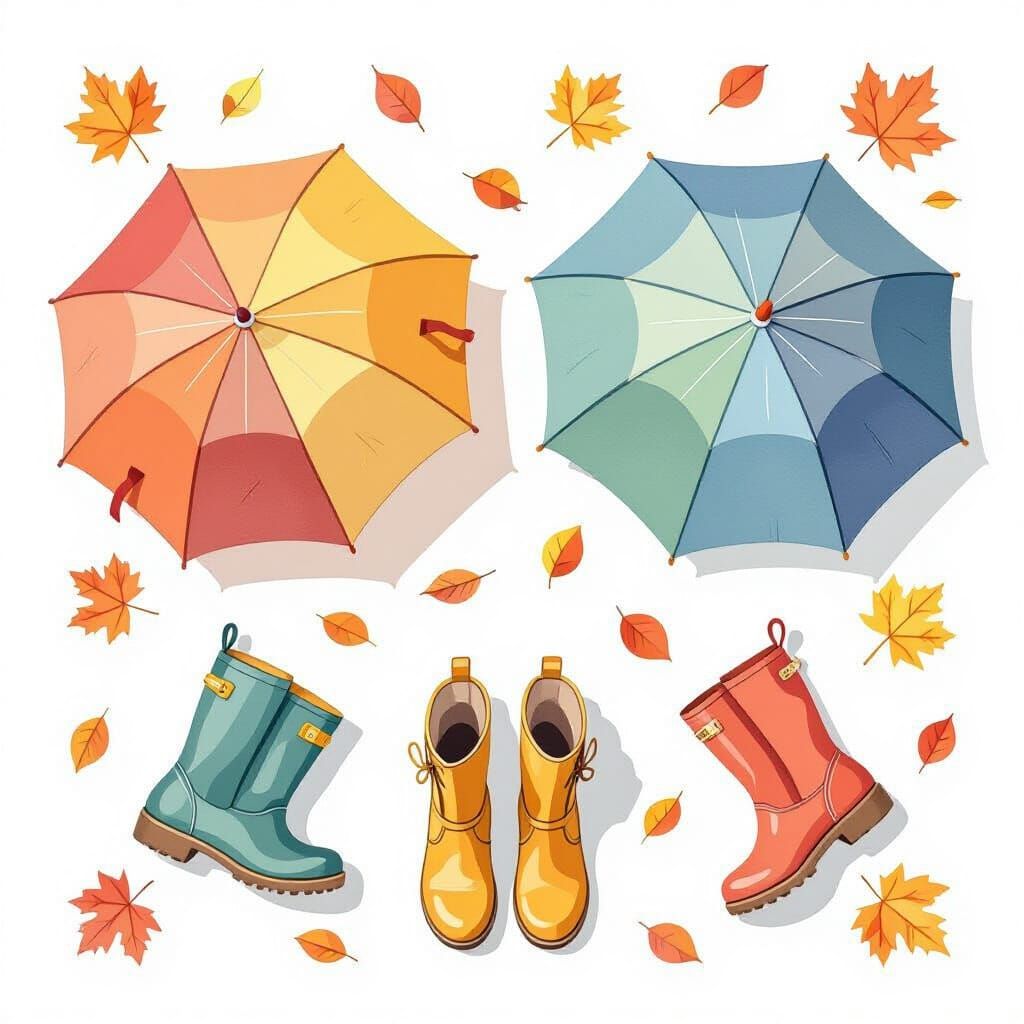 Autumn Leaves and Umbrellas in Watercolor Style