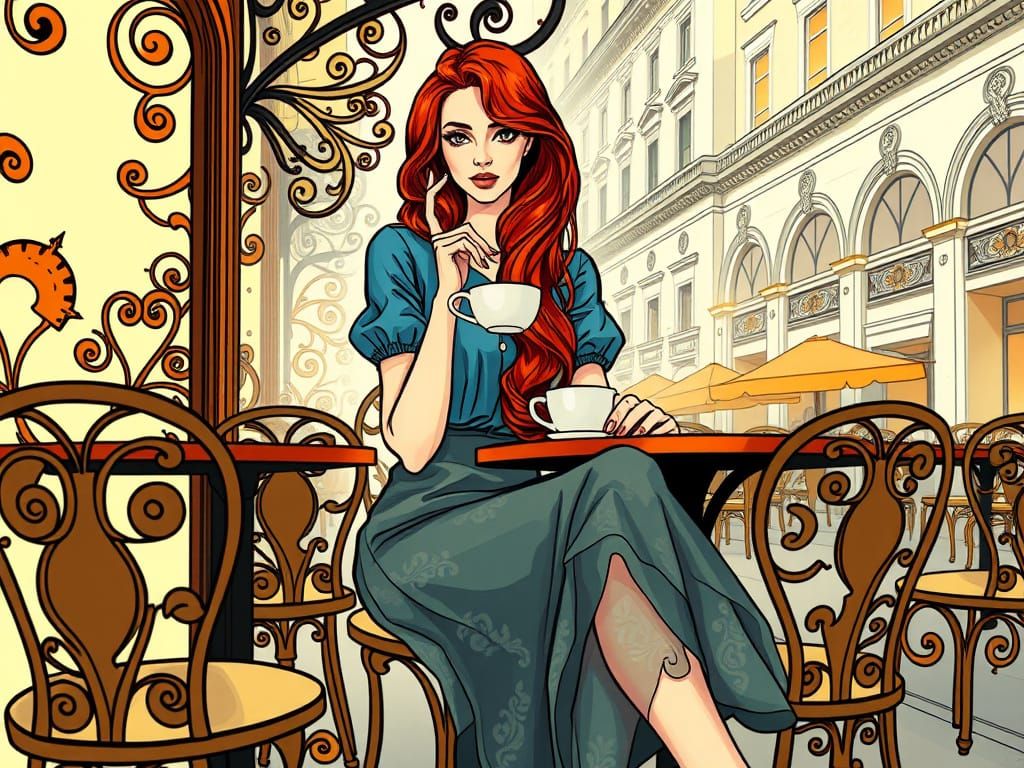 Ethereal Café Scene in Art Nouveau and Street Art Fusion Sty...
