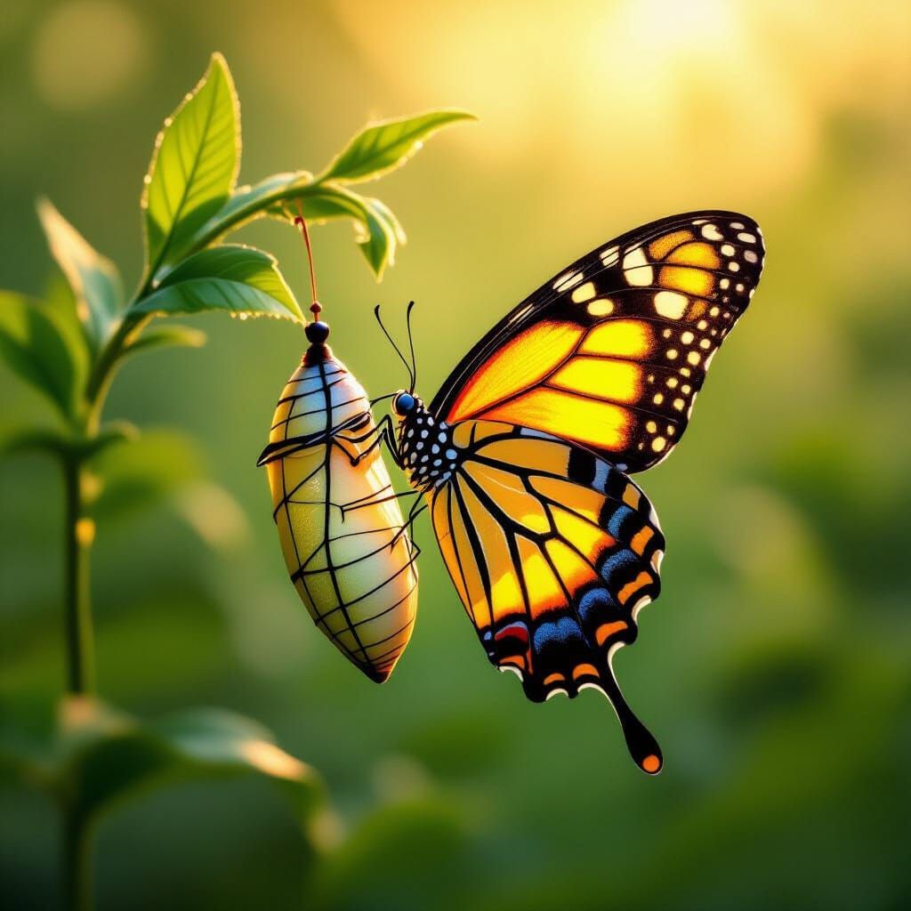 Vibrant Chrysalis Transforms into Butterfly in Golden Hour L...
