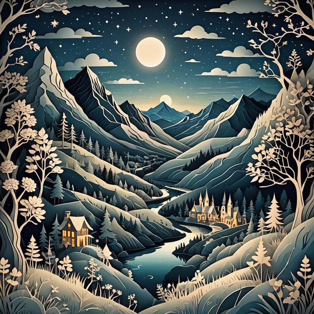 Magical Night Mountain Landscape Papercut Illustration