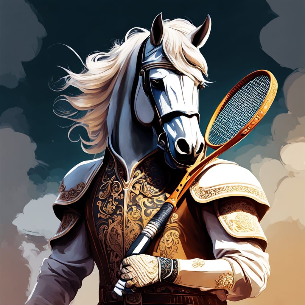 Stallion Plays Tennis in Watercolor Style