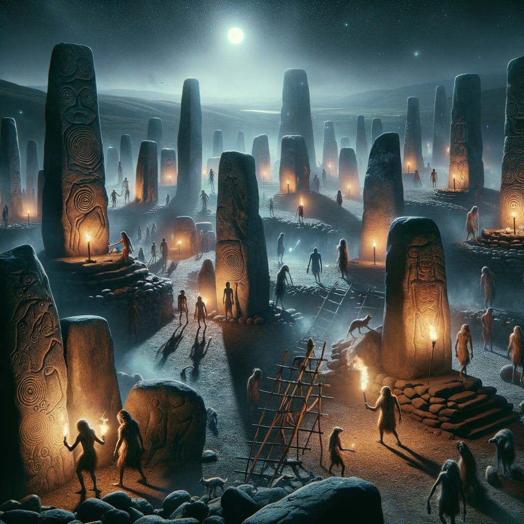 Mystical Neolithic Night Scene with Ghostly Figures