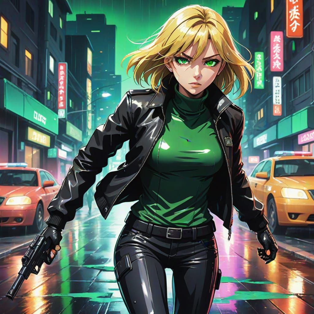 Cinematic Mafia Boss Woman in Neon-Lit Anime Style