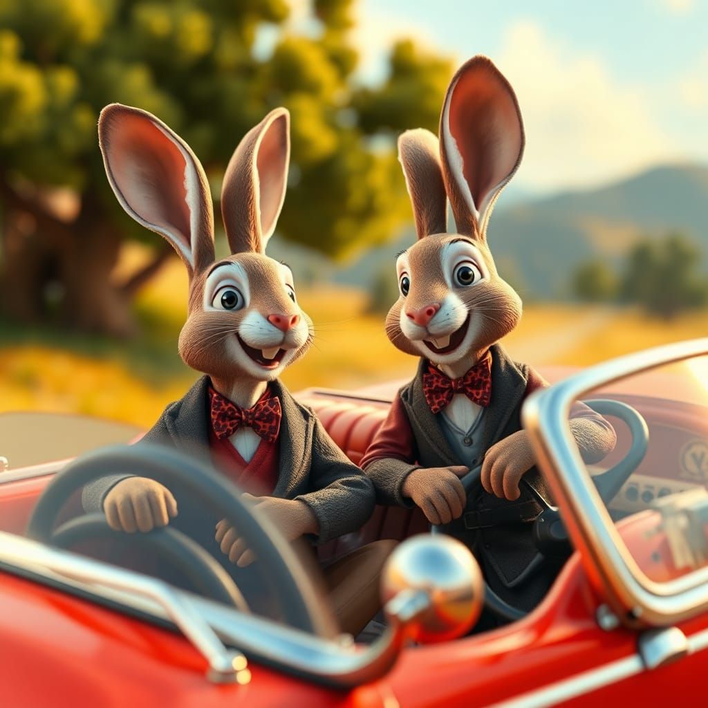 Rabbit in Classic Car: A Whimsical Art Piece
