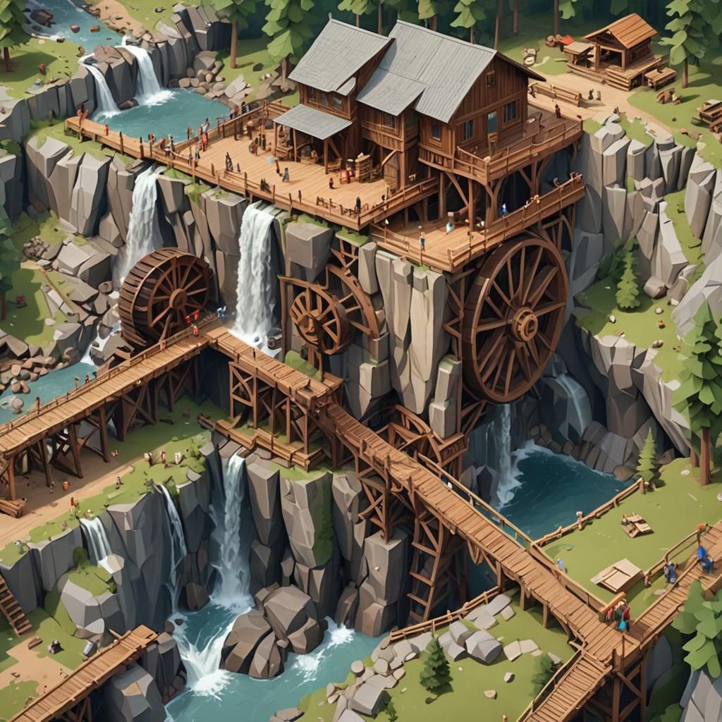 Cliffside Lumber Mill with Waterfall in Low Poly Style