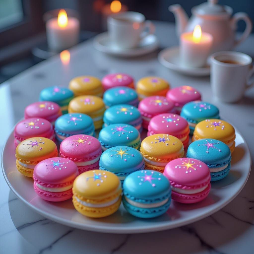 Steaming Rainbow Macarons Crafted from Woven Starlight